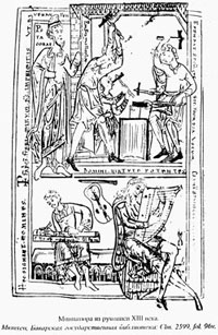 Миниатюра из рукописи XIII века. Открытие Пифагором пропорций интервалов